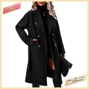 Oversized Wool Blend Double Breasted Trench Coat with Belt Notched Lapel